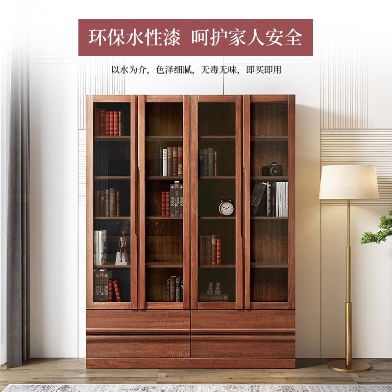 Tiantan furniture bookcase, environmentally friendly solid wood elm board wood combination bookcase, glass door bookcase, modern new Chinese style bookcase, three doors, length 1190mm, width 325mm, height 2100mm