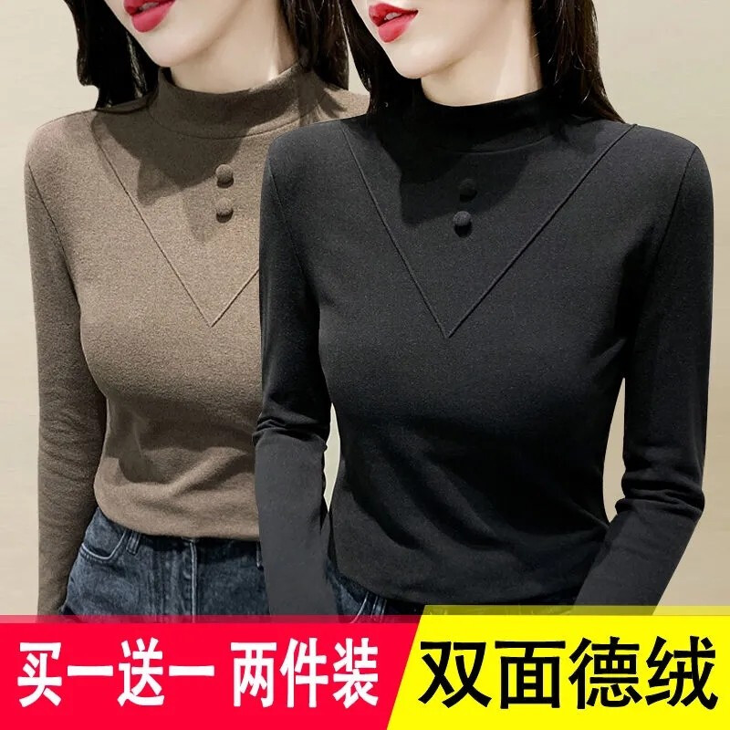 Toni bottoming shirt for women double-sided German velvet half turtleneck 2024 autumn and winter new slim fit and warm inner thickened top T-shirt for women 909 coffee 1 coffee + black two-piece pack L recommended 100-115 pounds