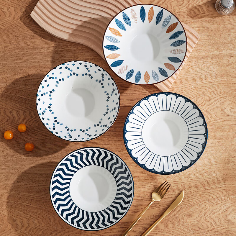 Hegawawu ceramic soup bowl large household large noodle bowl Japanese underglaze color 8-inch large bowl bamboo hat bowl 4 pieces in mixed colors