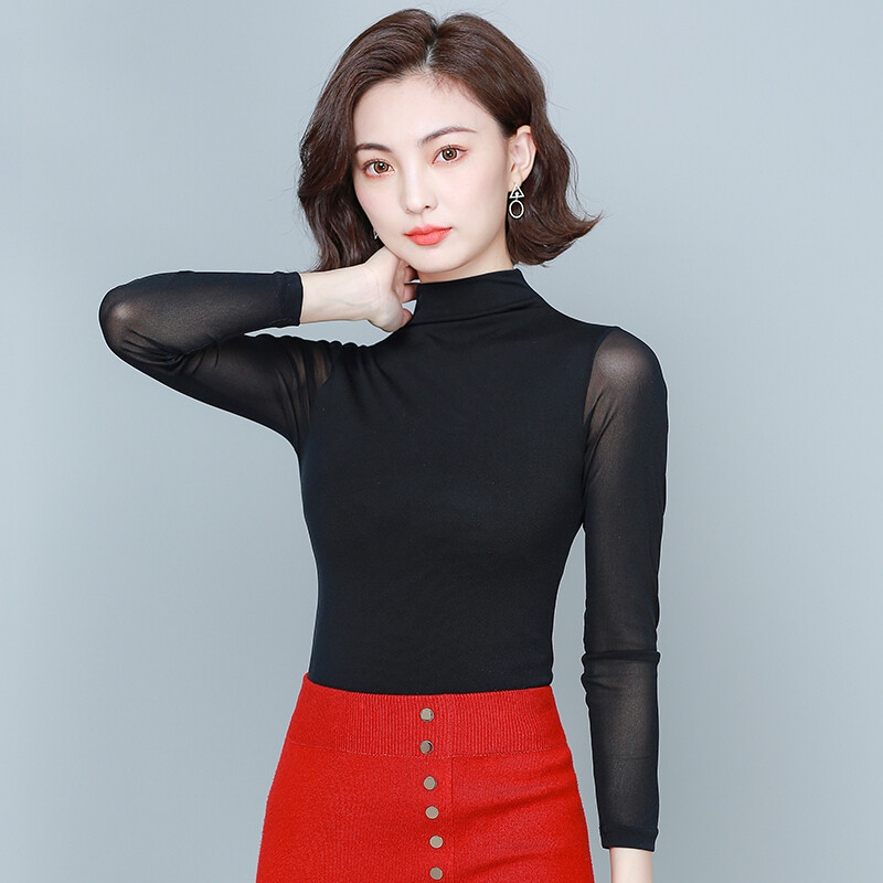 Yaoyi Bottoming Shirt Women's 2025 Spring and Autumn Solid Color Stretch Long Sleeve Half Turtle Collar Mesh Slim Fit Versatile Commuting T-Shirt Top Black L