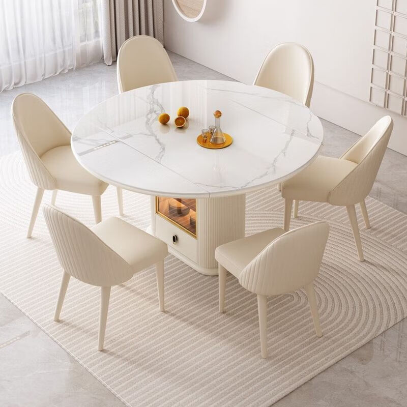 Kongjiang slate dining table telescopic folding storage modern square and round simple dual-purpose household small apartment foldable slate dining table curved sideboard delivery upstairs single table + 4 white leg pumpkin chairs