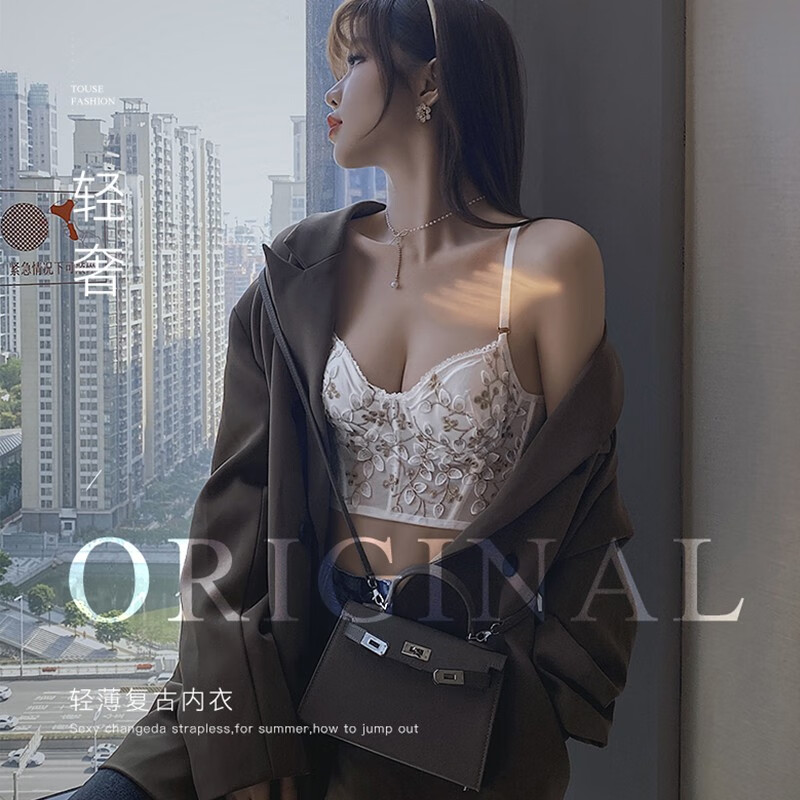 Glambody Heavy Embroidery Beautiful Back Bra Women's Small Breast Gathering Summer Thin Sexy Vest Style Wearable Bra Set 682258 Black Set M (Suitable for 70C-75AB)