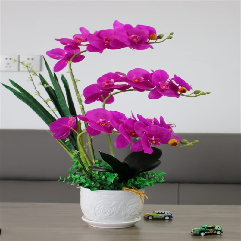 ENRMIIV Phalaenopsis artificial flower set living room ornaments fake flowers coffee table TV cabinet display flower decoration plastic flowers silk flowers 14 purple-red Phalaenopsis 45 cm high