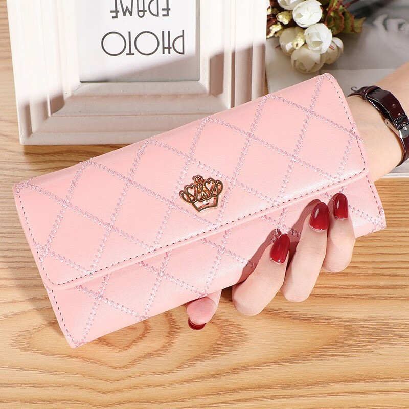 Junxingyue Women's Wallet 2024 New High-end Women's Small Wallet 2024 New Wallet Women's Long Three-fold Korean Version with U Crown-Pink