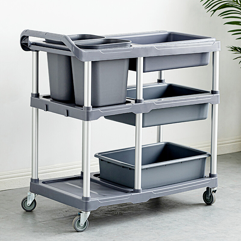 Pusheng hotel dining cart three-story retractable dining cart bowl collection cart with trash can multi-functional plastic restaurant hotel cart WD100 3 basins 2 barrels 96cm*47cm*88cm