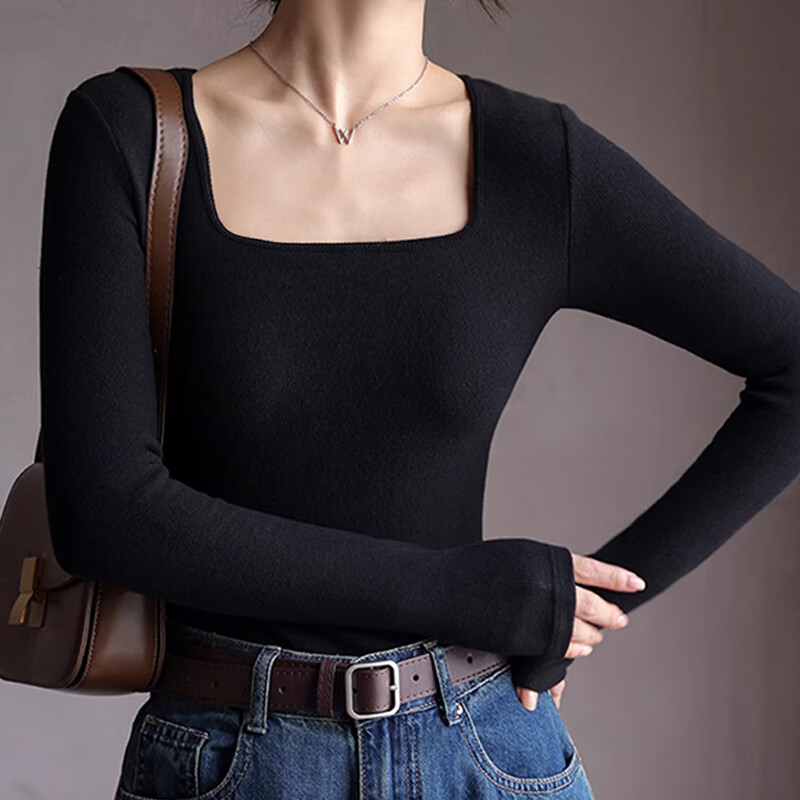 Langsha bottoming shirt for women 25 autumn and winter new bra-free autumn and winter thickened brushed square collar slim long-sleeved warm top