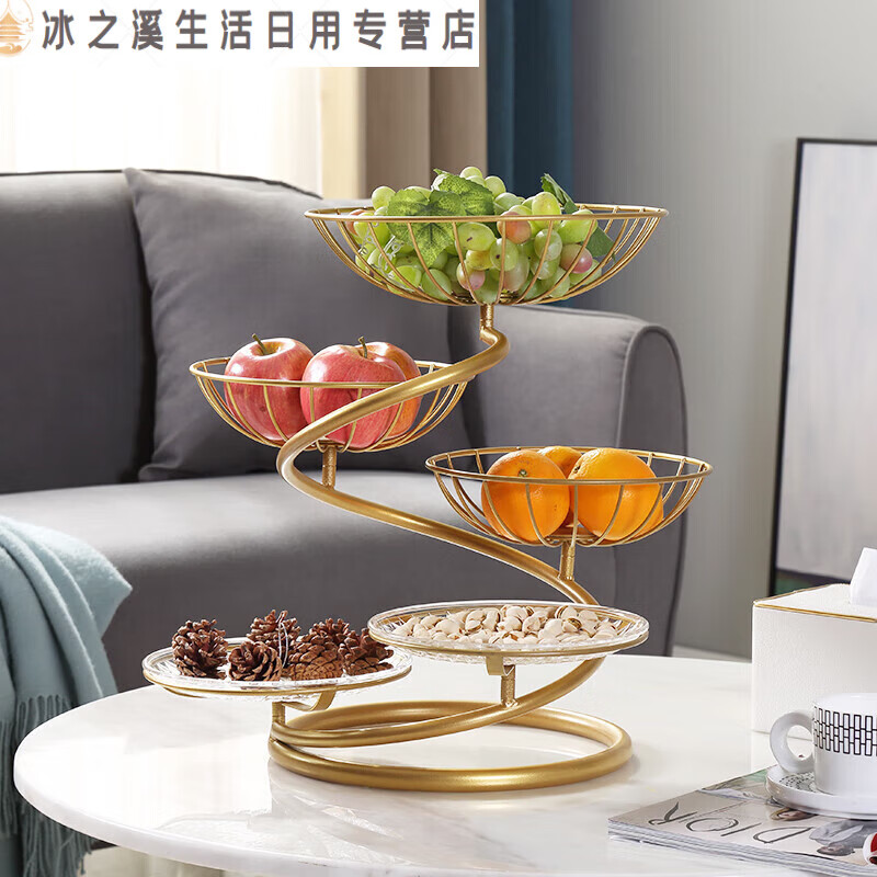 Junmo high-end light luxury multi-layer fruit plate rack home living room coffee table dried fruit snack display plate 2023 new fruit basket five-layer fruit basket three baskets with two plates champagne gold