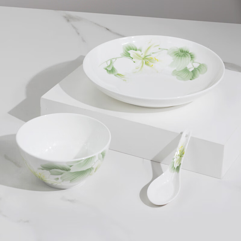 Huaguang National Porcelain bone china tableware set lead-free cadmium healthy glaze color bowls and plates gift box set Qingqiu Yayun 4 people Qingqiu Yayun 4 bowls 4 plates 4 spoons