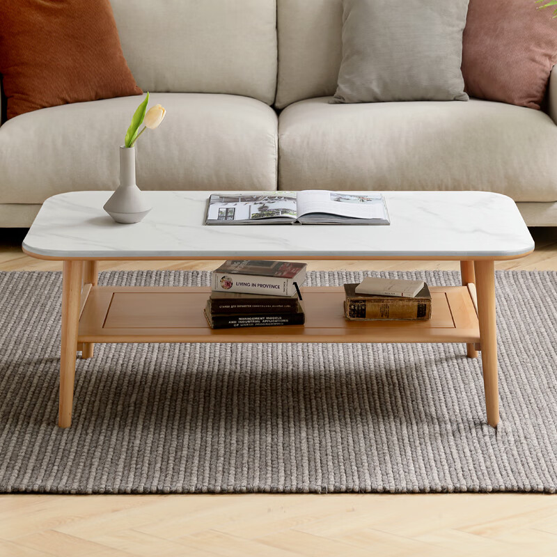 Genji Muyu solid wood slate coffee table modern oak tea table Nordic living room home small apartment tea table white slate 1.2m