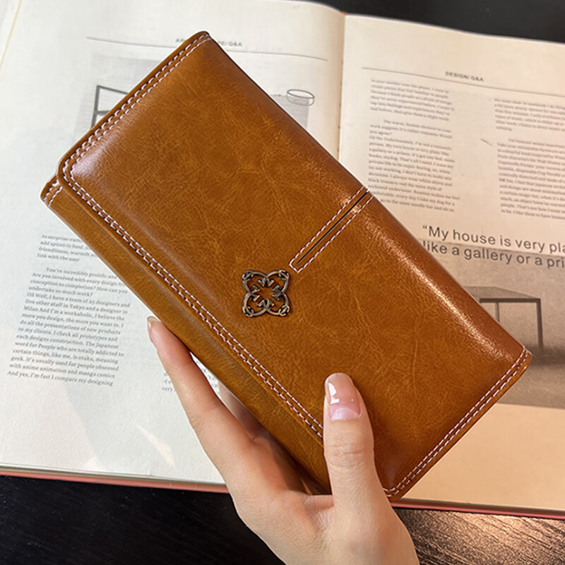 Wanjiazhen retro atmospheric multifunctional women's wallet women's long mobile phone bag Japanese and Korean folding women's wallet clutch bag card bag brown