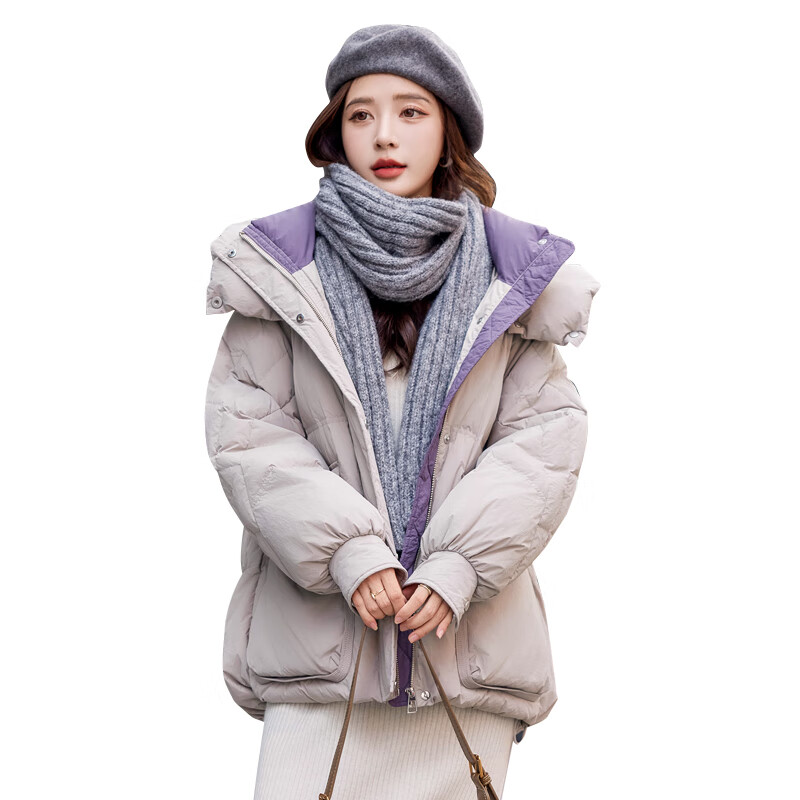 Guixuege winter hooded short down jacket for women 2024 new fashion loose thickened warm white duck down jacket light card color M (115-135 catties)