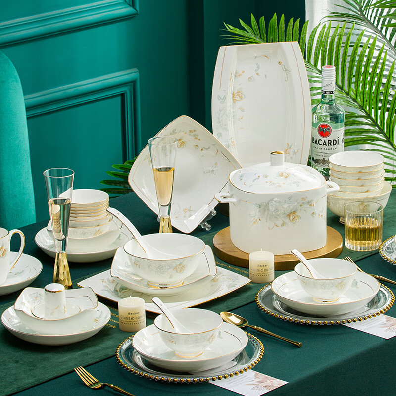 Jingci Jingdezhen Light Luxury Bone China Tableware Set Chopsticks, Plate, Bowls, High-end Hotel Housewarming and Wedding Gift, Madam | Food for 6 | 38-piece Set