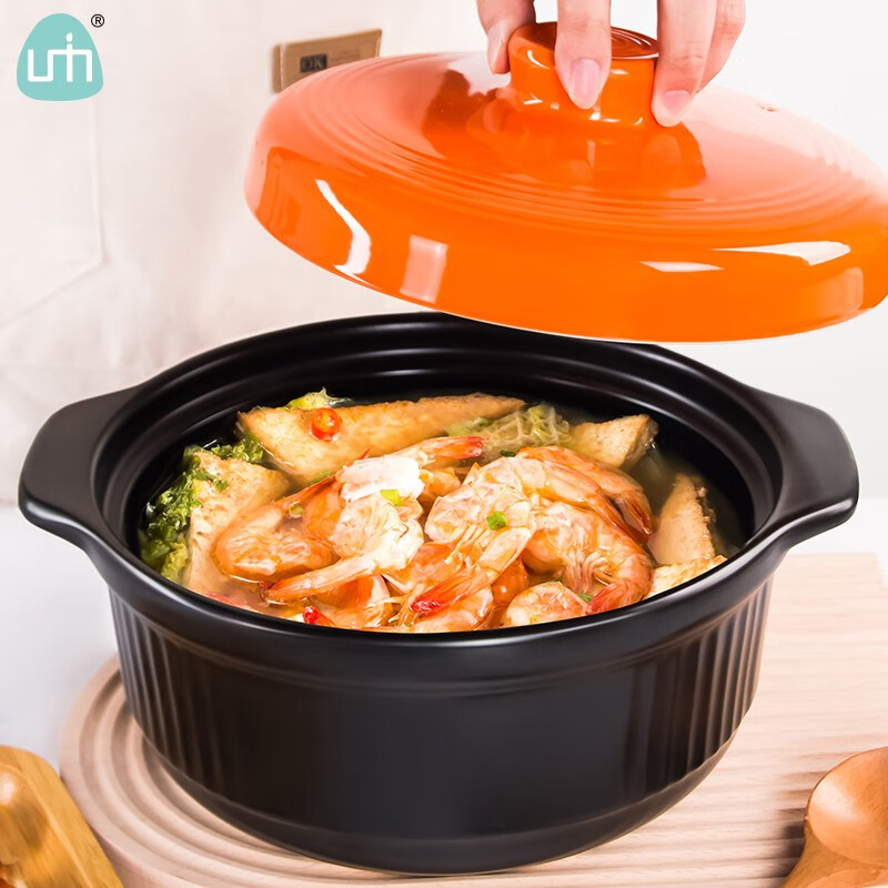 UMIZILI casserole high temperature resistant stew pot dry burning non-cracking household gas large capacity stew pot ceramic casserole commercial stone pot black stew pot 3300ML (suitable for 3-5 people)