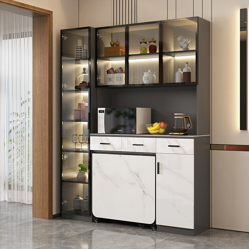 Qiangxiang light luxury slate sideboard dining table integrated wall high cabinet home living room dining room folding table wine cabinet custom G87 style 1 820*420*2100 with lights double door