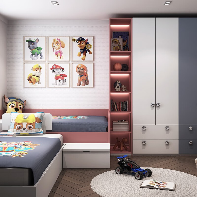 Zhibang whole house customized tatami bed, high and low bed children's bed, customized multi-functional Paw Patrol children's room, single bed + 3.84, wardrobe + mattress + four-piece set