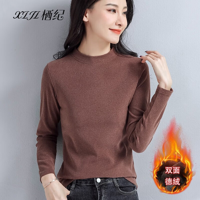 Qiji DeRong half turtleneck bottoming shirt for women in autumn and winter, western style plus velvet thickened warm top with long-sleeved autumn coat, brown L, recommended (100-110 catties)