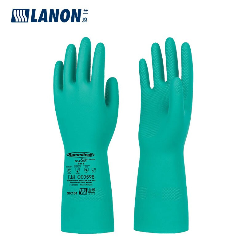 LANON SR101 nitrile chemical resistant gloves, labor protection industrial laboratory cleaning, acid and alkali resistant, oil resistant and non-slip 1 pair L