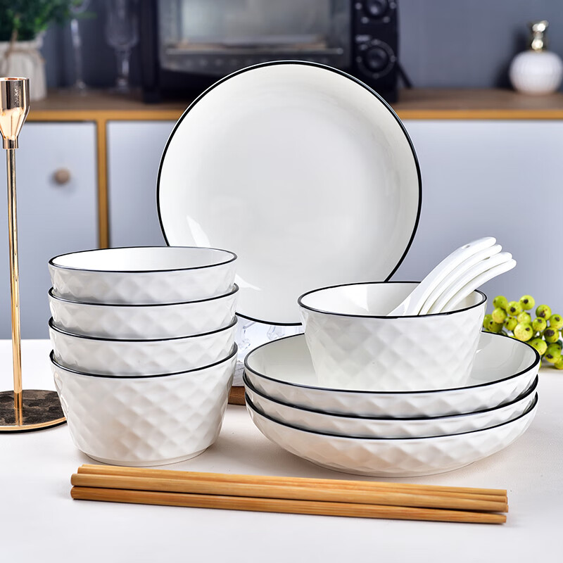 Sujiang Sujiang ceramic rice bowl household soup bowl noodle bowl tableware set underglaze color stroke tableware eating rice breakfast bowl rose 16-piece set (4 bowls 4 plates 4 spoons 4 chopsticks)