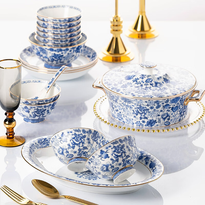 Jingci Jingdezhen light luxury blue and white high-end bone china tableware set chopsticks dishes bowls hotel gift for moving into a new home Enamel blue and white-princess pot丨10 people丨80 heads