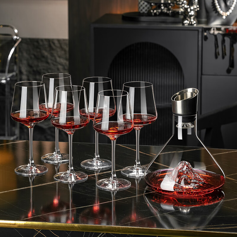 RIDOSS new red wine glass decanter set household high-end cup holder European large wine crystal goblet romantic style * 6 + with handle + silver smooth sailing rack