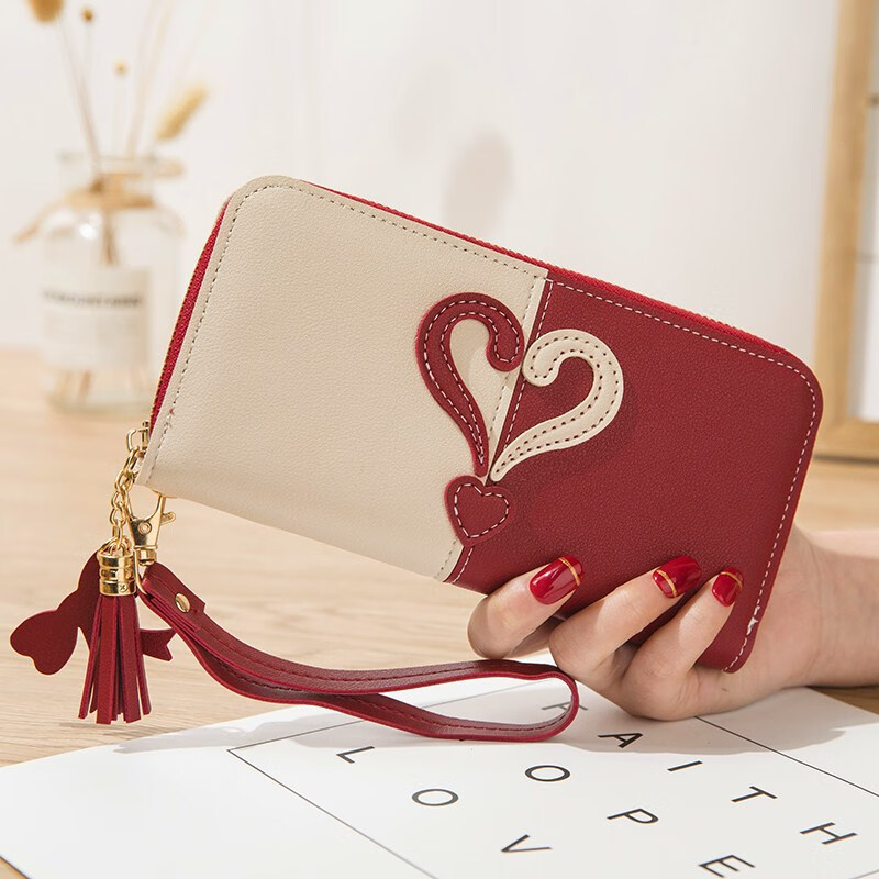 New Wallet Long Ladies Zipper Wallet Female Student Korean Style Stitching Contrast Color Tassel Versatile Handheld Mobile Phone Bag Red