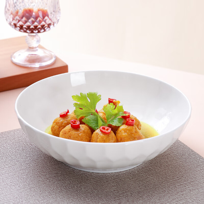 Sky Top ceramic large salad bowl serving bowl pure white relief bone china home hotel tableware 8-inch crystal series shallow bowl