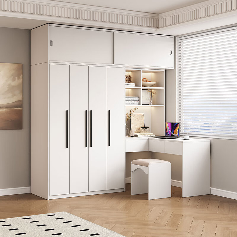 Zizong wardrobe and dressing table integrated corner simple modern home bedroom small apartment cabinet with computer desk integrated three-door cabinet + right corner computer table + top cabinet