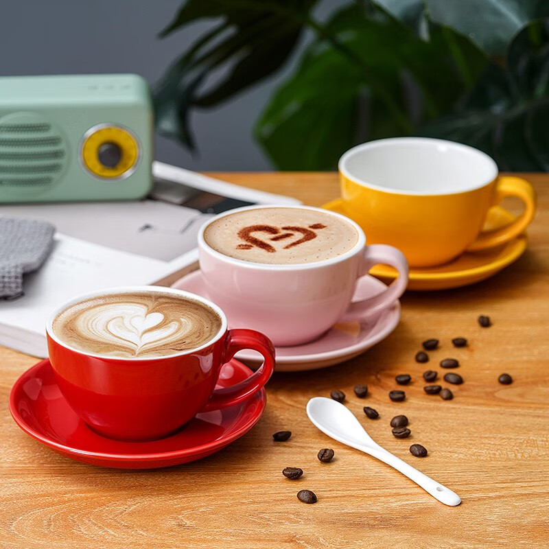 Mongdio European Ceramic Coffee Cup and Saucer Home Latte Cup Large Capacity 300ml Latte Art Cup and Saucer Set White 300ml