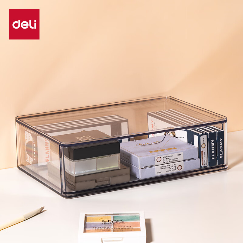 Deli transparent desktop storage box series pen holder multifunctional fashion simple large capacity freely stackable drawer type large drawer storage box PJ212