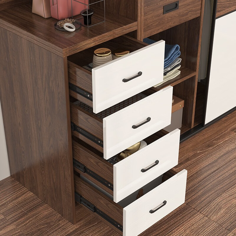 Bai Qian free installation wardrobe sliding door simple cabinet home bedroom storage storage wardrobe large capacity wardrobe white + black walnut color 200 long three-door main cabinet + top cabinet + side cabinet