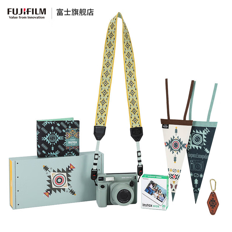 Fuji (FUJIFILM) instax wide400 w400 one-shot wide-format instant camera uses 5-inch photo paper W400 wilderness green + base + peripheral accessories, a total of 40 pieces of photo paper, official standard