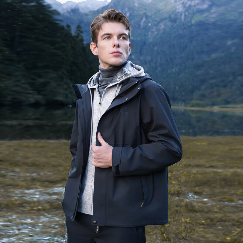 K-Boxing Men's Three-Proof Men's Jacket Autumn and Winter Outdoor Hooded Jacket|IOSR3110 Black 175/L