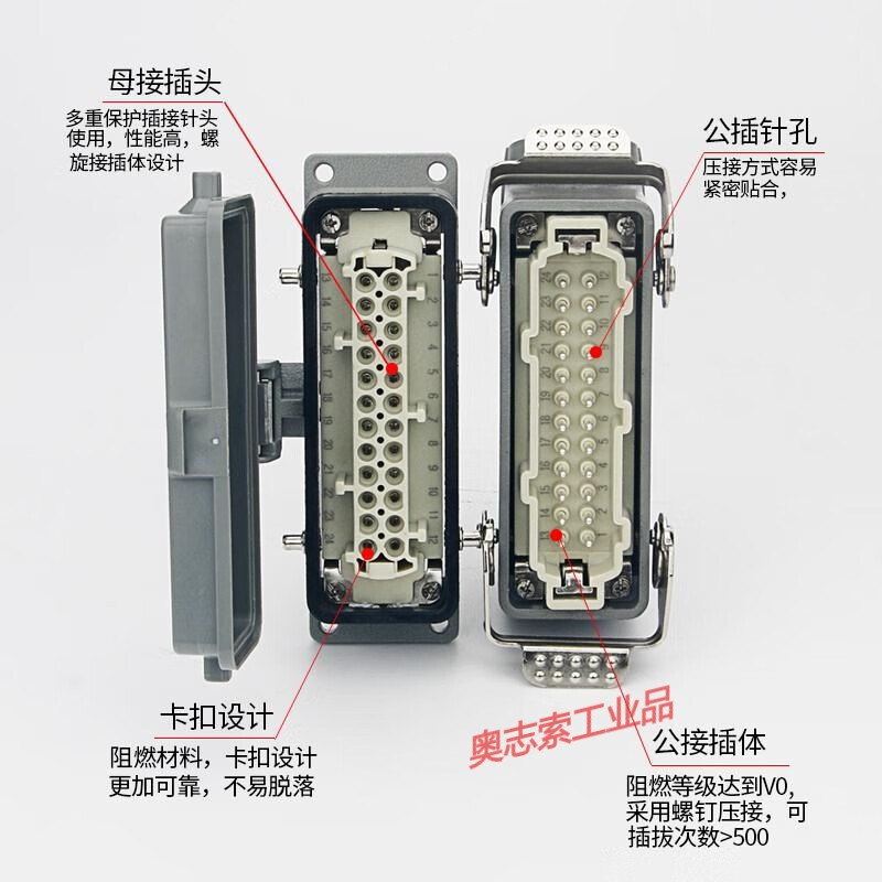 Heavy-duty connector 24-pin 16A side-out ejection high base with cover HE-024-5 rectangular industrial aviation plug 24-pin male