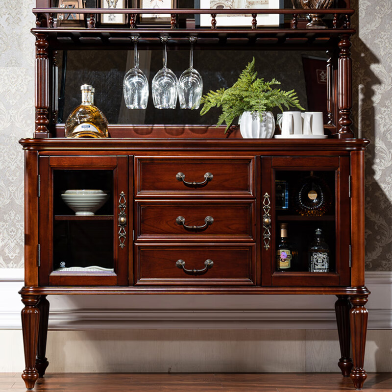 Count Santi Simple American Sideboard Retro Wine Cabinet Multi-Function Storage Cabinet European-style Full Solid Wood Cupboard Preparation Cabinet 5664 Upper Cabinet + 5663 Lower Cabinet (Complete Set)