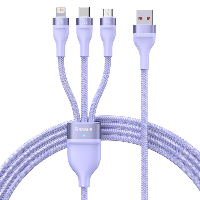 Baseus data cable three-in-one charging cable 66W/40W one-to-three charger cable suitable for iPhone15ProMax Huawei Xiaomi Apple mobile phone tablet car cable Purple