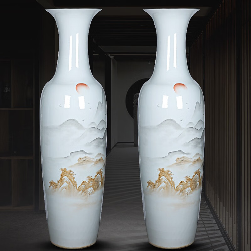 Zhou Kedu Jingdezhen Ceramics Hand-painted Rising Sun Freehand Landscape Large Vase Floor-standing Living Room Modern Decorative Ornaments Freehand Vase One + Base 160cm