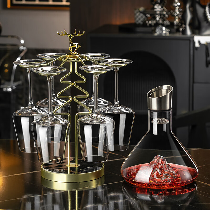 RIDOSS new red wine glass decanter set household high-end cup holder European large wine crystal goblet romantic style * 6 + with handle + silver smooth sailing rack
