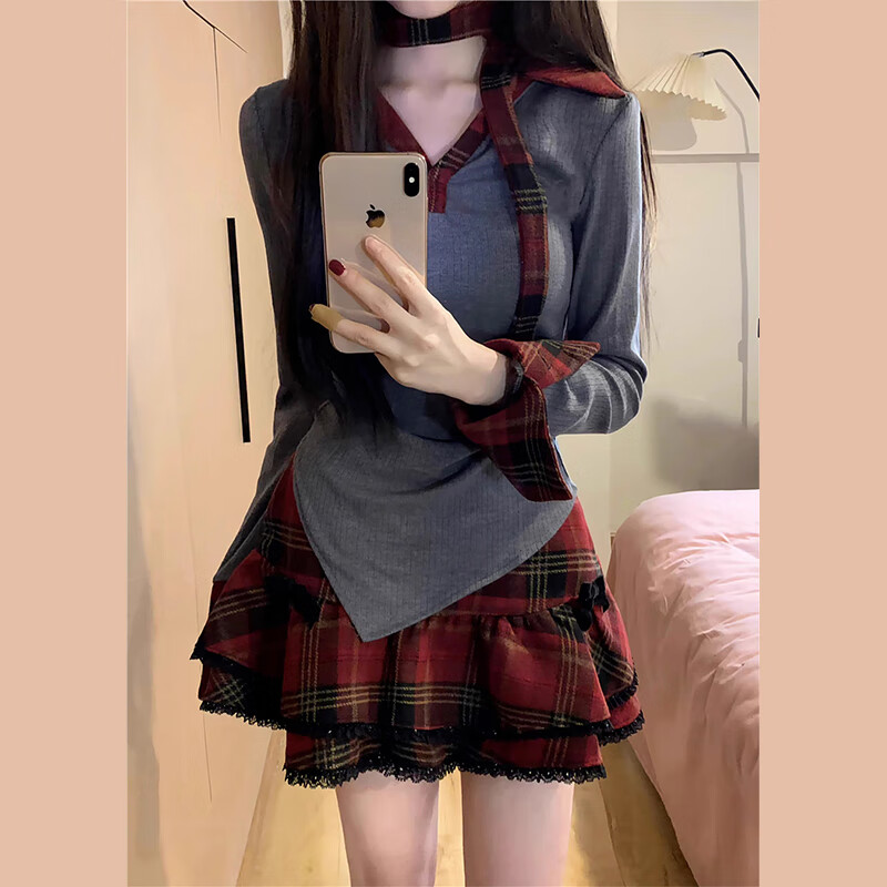 Jinmu American sweet and cool hot girl plaid dress for women, preppy princess fluffy skirt suit, versatile autumn and winter new style American hot girl skirt (two-piece set) M
