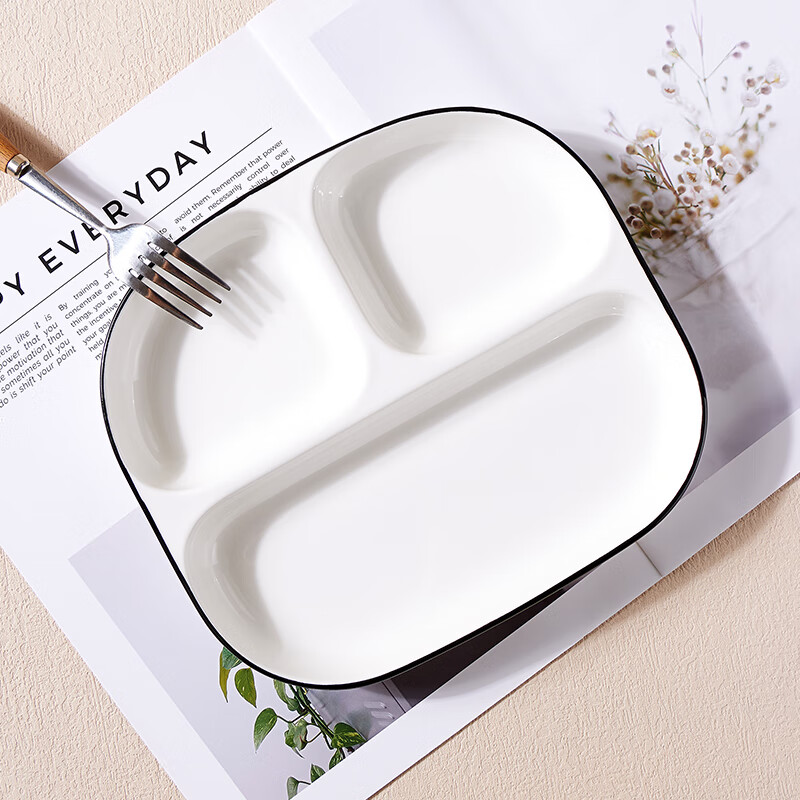 Baijie ceramic fat-reduced quantitative dinner plate 211 household divided dinner plate breakfast plate dumpling plate fruit plate three grids 8.6 inches