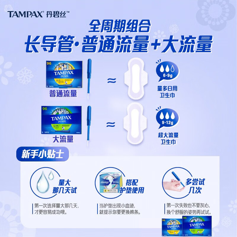 TAMPAX tampons 96 pieces long catheter type built-in pure cotton menstrual tampons swabs swimming sanitary napkins large flow 96 pieces 1 box pure cotton non-sensory
