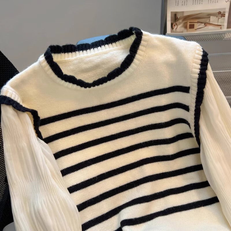 Yu Zhaolin French fake two-piece sweater for women spring autumn winter 2025 new women's contrast shirt striped puff sleeve sweater