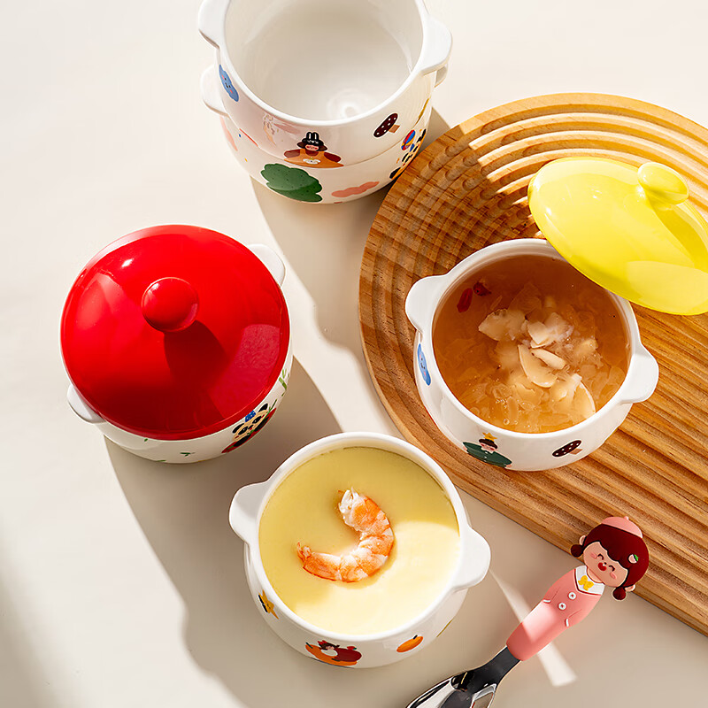 Onlycook double-eared ceramic bowl, steamed egg bowl with lid, stew pot, children's food supplement, bird's nest steaming pot, small soup pot, red