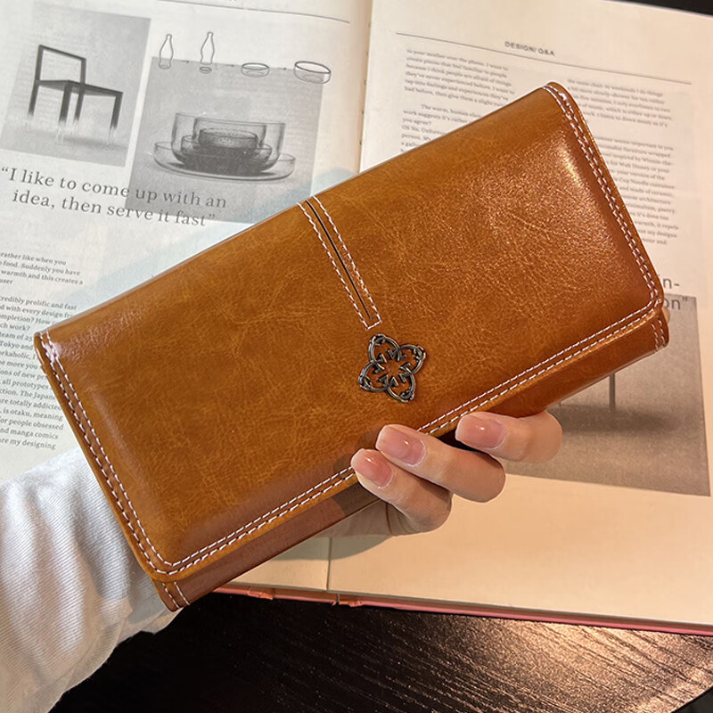 Wanjiazhen retro atmospheric multifunctional women's wallet women's long mobile phone bag Japanese and Korean folding women's wallet clutch bag card bag brown