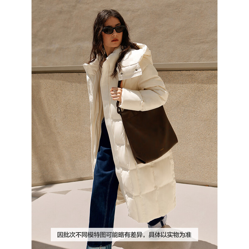 PEACEBIRD 2024 winter removable hooded long puff down jacket A1ACE4325 off-white L (size is too large, take one size smaller)
