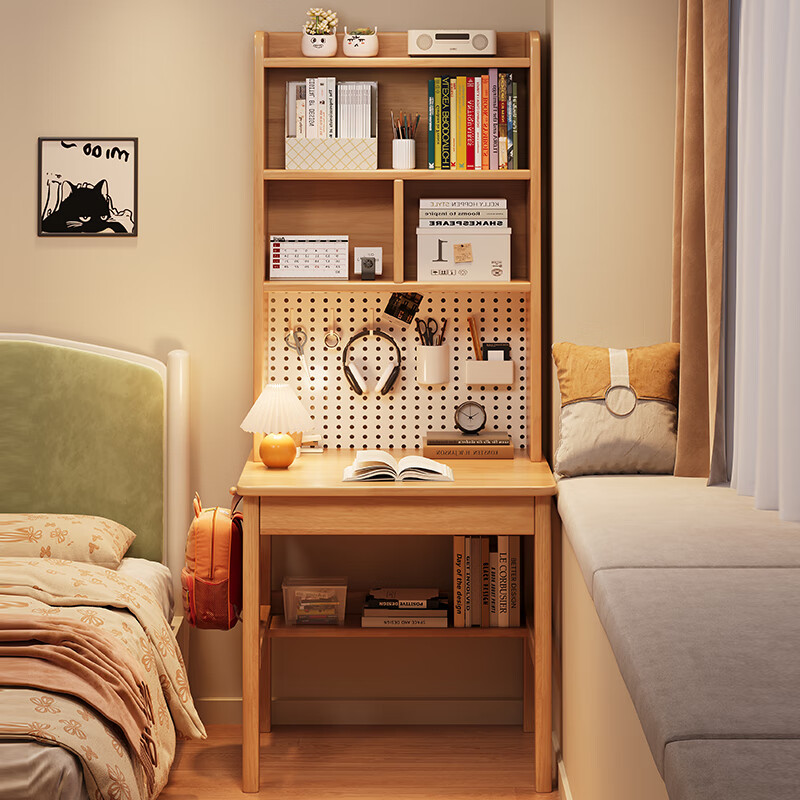 Grubi solid wood desk bookshelf integrated table with perforated board student study table home small apartment bedside office computer table desk + bookshelf + horn chair*1 Remarks color 80cm*60cm*75cm
