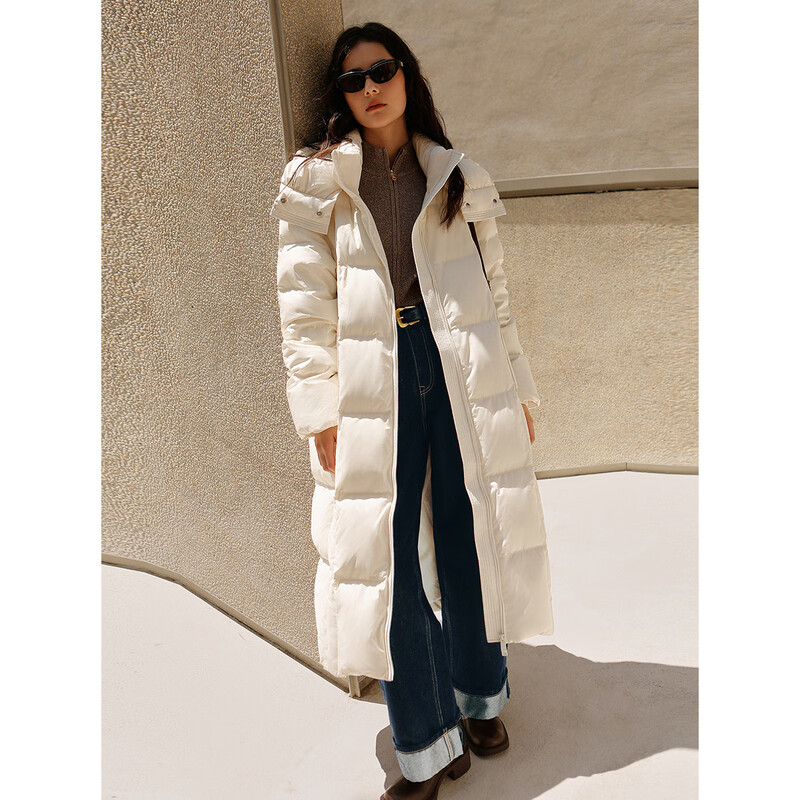 PEACEBIRD 2024 winter removable hooded long puff down jacket A1ACE4325 off-white L (size is too large, take one size smaller)
