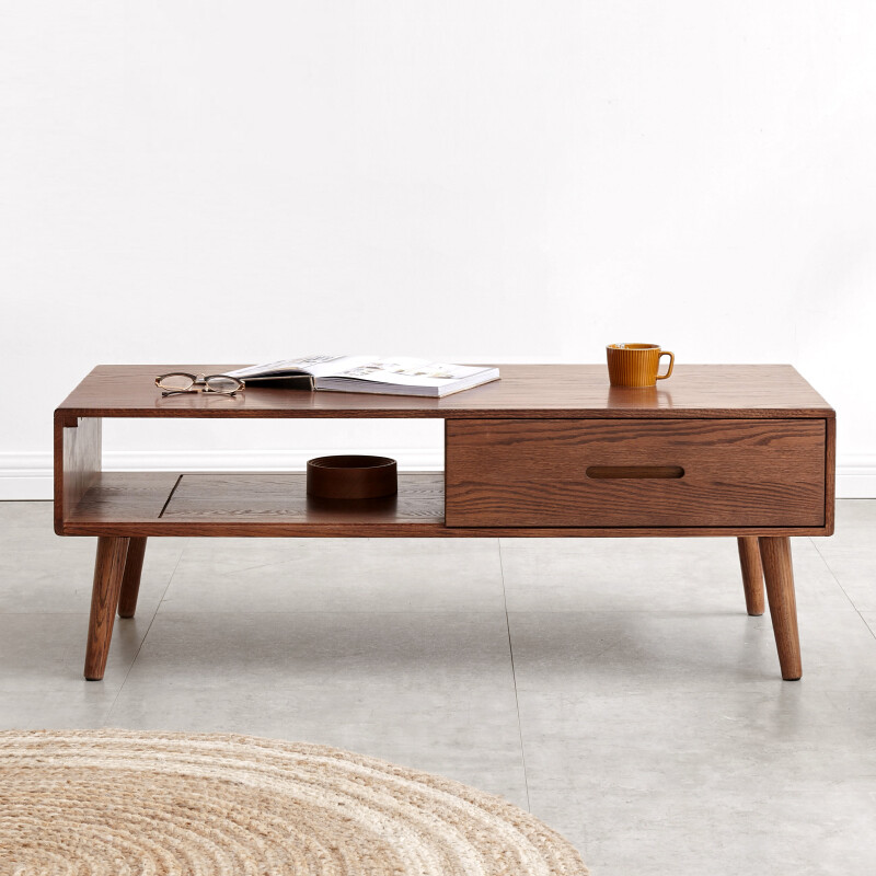 Genji Wood Language all solid wood coffee table simple modern oak furniture Nordic tea table home small apartment living room tea table double coffee table (1350*600*430mm) walnut color assembly