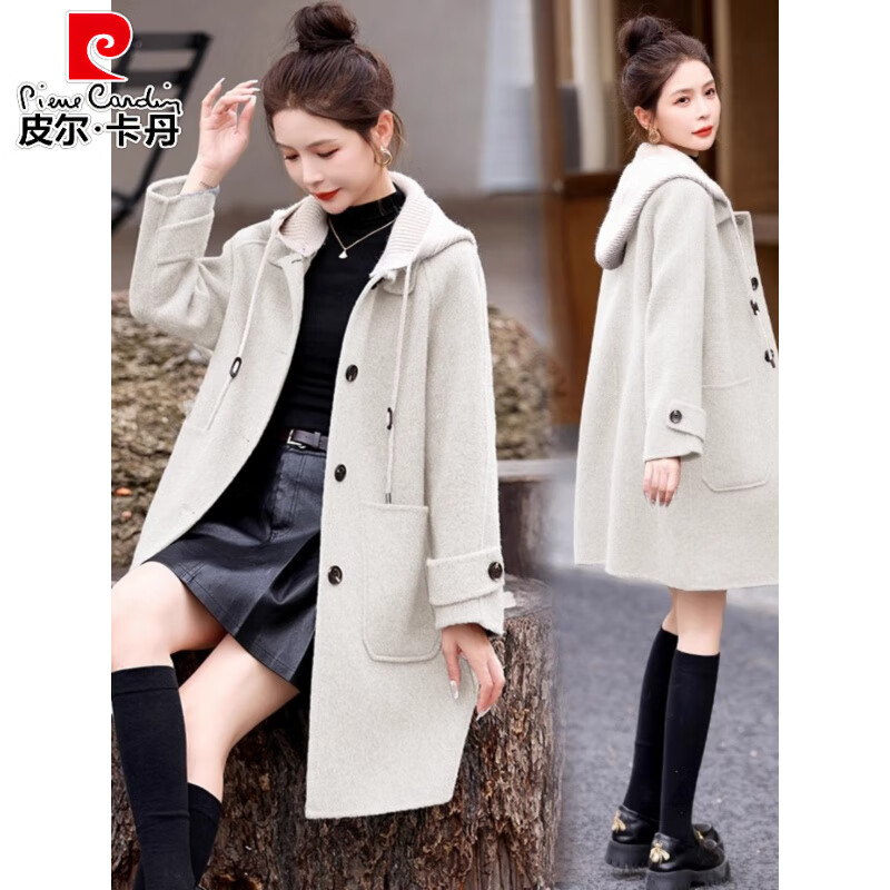 Pierre Cardin 2025 Autumn and Winter Small Casual Hooded Double-sided Cashmere Coat Women's Mid-Length Korean Style Premium Feeling Wool Jacket Gray (Padding) M (Recommended 95-105 catties)