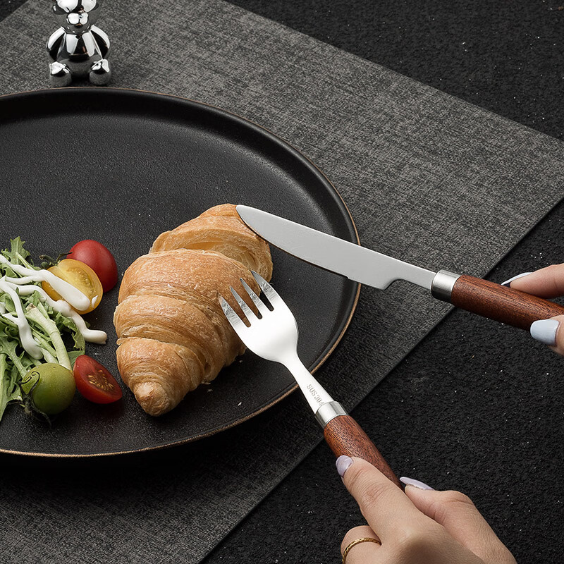 Aoki Shangci Japanese retro solid wood steak cutlery 4-piece set of knives, forks and spoons 304 stainless steel cake knives and forks two-piece set high-end two-piece knife and fork set