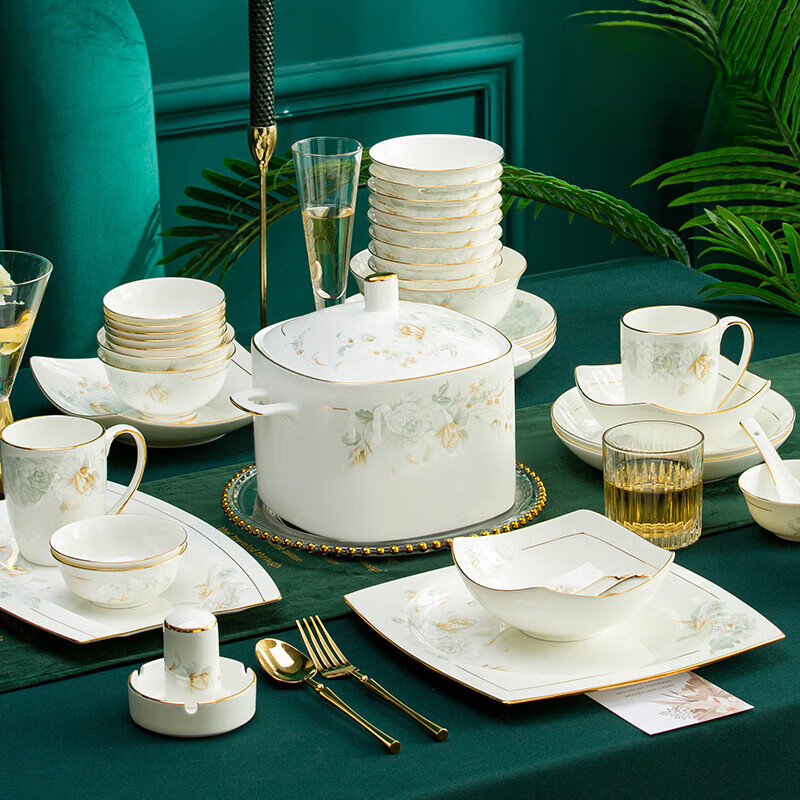 Jingci Jingdezhen Light Luxury Bone China Tableware Set Chopsticks, Plate, Bowls, High-end Hotel Housewarming and Wedding Gift, Madam | Food for 6 | 38-piece Set